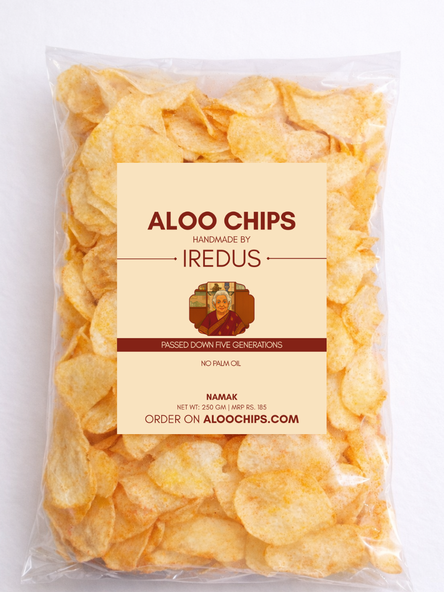 Bag of aloo chips with Iredus branding on a white background